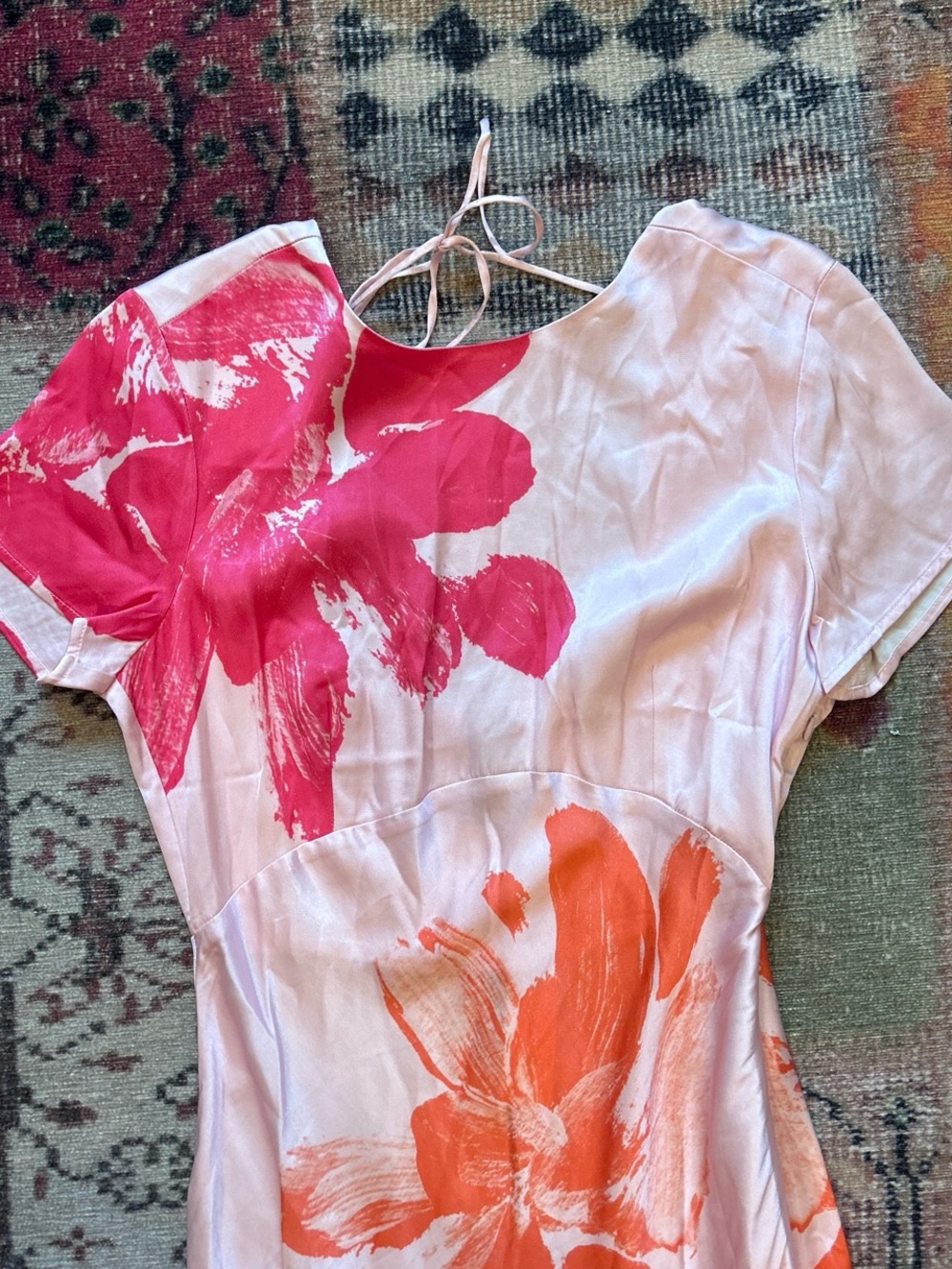 Anthropologie Pink & Orange Floral Tie-Back Long Dress